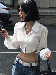 Realmefit  Harajuku White T-shirts Women Blouse Autumn Long Sleeve Hollow Out Turn-down Collar Blouse Shirt High Street Y2K Tops Tee