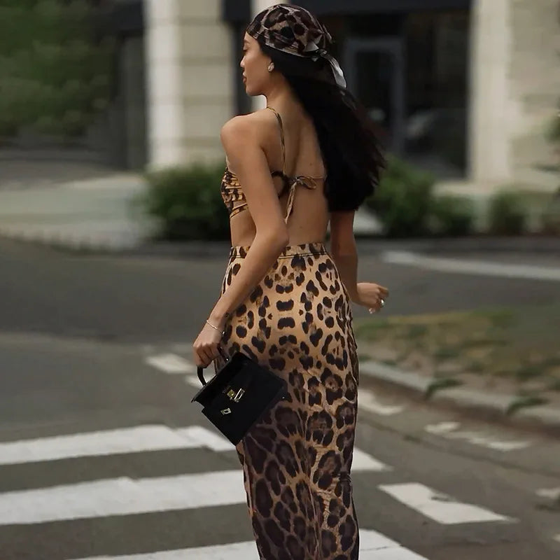 REALMEFIT  -  Leopard Print Maxi Dress For Women Halter Sleeveless Backless Bodycon Maxi Dresses Ladies Y2K Outfits Sexy Slipdress