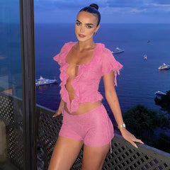 REALMEFIT  -  Pink Knit Two Piece Set Tie Front Ruffle Crop Top and Shorts Sexy Vacation Outfits Woman 2024 Summer Clothes C85-EI21