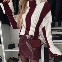 REALMEFIT  -  Lady Casual Turtleneck Long Sleeved Knitted Pullover Office Retro High Street Sweater Autumn Winter Striped Printed Slim Sweater