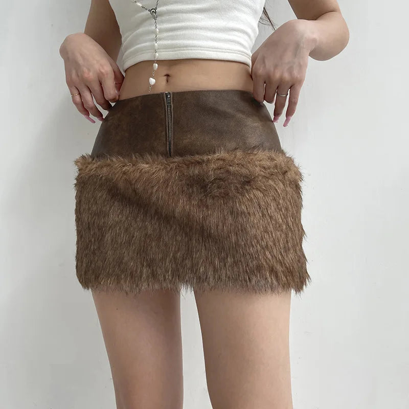 REALMEFIT  -  Brown Low Waist Mini Skirts Autumn Winter Fashion Furry Faux Fur Patchwork Faux Leather Skirt Women P67-CG16