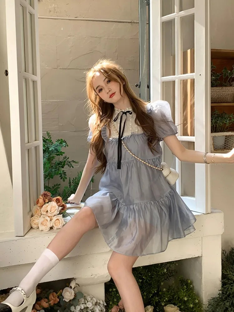 Realmefit   Summer Sweet Elegant Dress Women Puff Sleeve Kawaii Lolita Mini Dress Female Fairy Even Party One Piece Dress Korean Chic