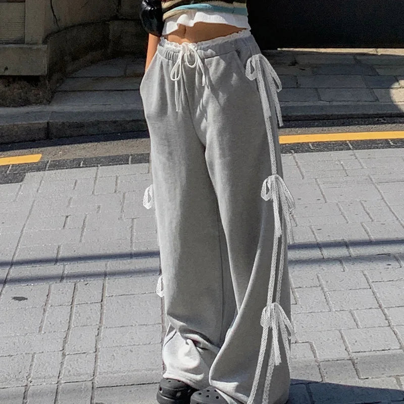 REALMEFIT  -  Side Stripe Lace Bow Sweatpants Gray Drawstring Wide Leg Pants Fashion Casual Loose Sports Trousers Women P84-DG38