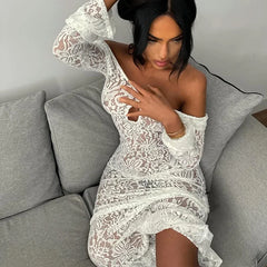 REALMEFIT  -  White Sexy Lace Hollow Long Sleeve Dress For Women See Through Maxi Dress Hot Girl Fashion Bodycon Backless Outfits Lady