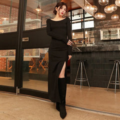 REALMEFIT  -  See Through Lace Splicing Backless Slit Dress Sexy Black Long Dresses for Women Club Outfits Fall 2024 P85-CH33