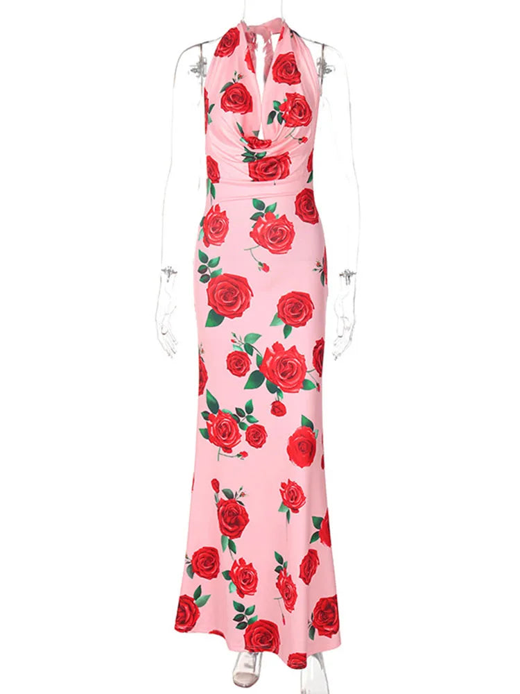 Realmefit   -   Printed Backless Lace Up Long Dress Women's Fashion Floral Halter Neck Slim Sleeveless High Waist Evening Dress Long Dress