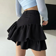 Realmefit   Ruffles Slim Skirts Women   Black Temperament High Waist Skirt Femme Street Casual Folds Splice Elegant Skirt Ladies