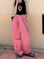 Realmefit  Y2K Pink Parachute Pants Women Oversized Korean Style Hip Hop Track Trousers Quick Dry Drawstring Wide Leg Sweatpants