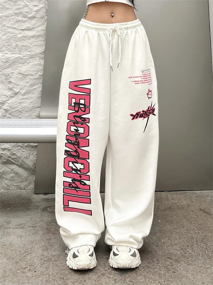 Realmefit   Korean Y2K White Sweatpants Women Streetwear Kpop Letter Print Sports Pants Oversized Hip Hop Wide Leg Jogging Trousers