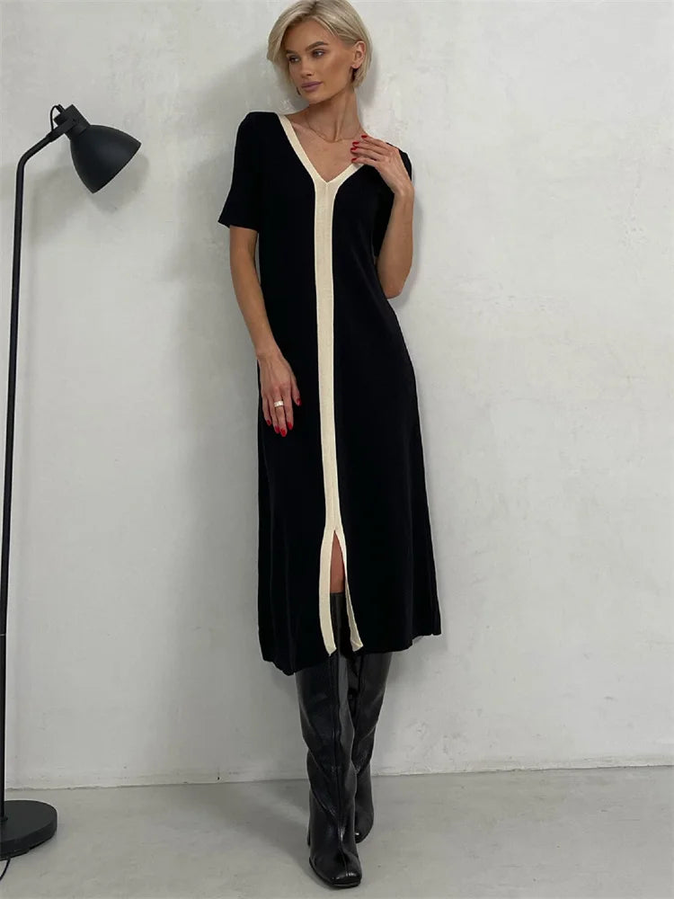 Realmefit   Contrast Slim Fashion Maxi Dress For Women V-Neck Short Sleeve Patchwork Elegant Gown Dress Female Split Long Dress