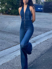 Realmefit  Y2k Denim Jumpsuit Women   New V-Neck Sleeveless Slim Bodycon Jumpsuits Overalls Streetwear One Piece Outfits Jeans