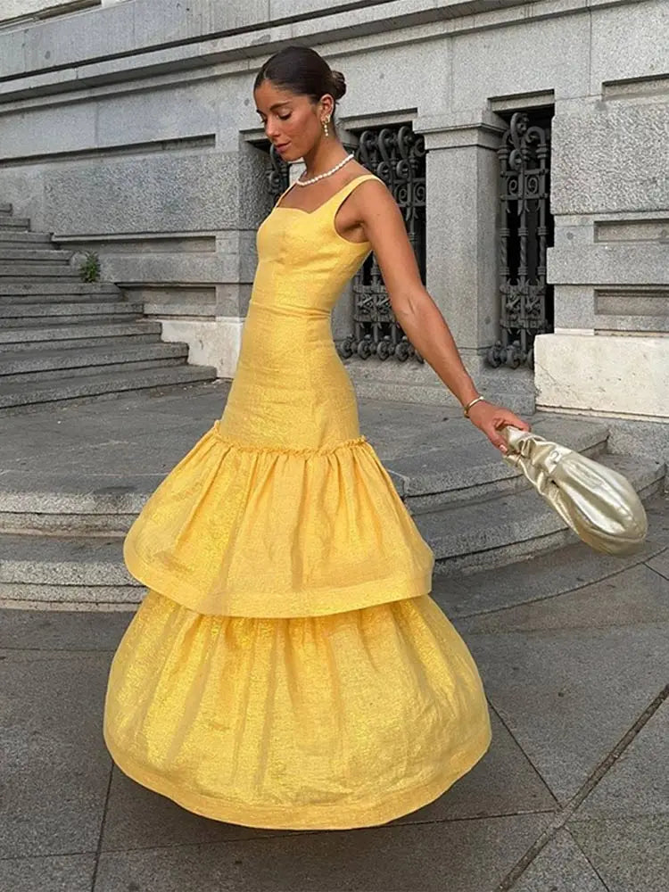 Realmefit  Yellow Linen Sequin Church Dresses For Women Elegant Classy 2024 Ruffled High Waist Sling Long Dress Female Party Vestidos