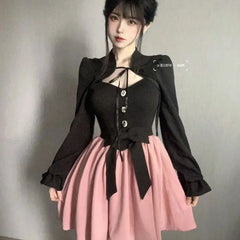 Realmefit  Y2k Black Long Sleeve Cardigans Women+ Fashion Sweet Slim Waist Bow Strap Dresses Autumn New Two Piece Sets