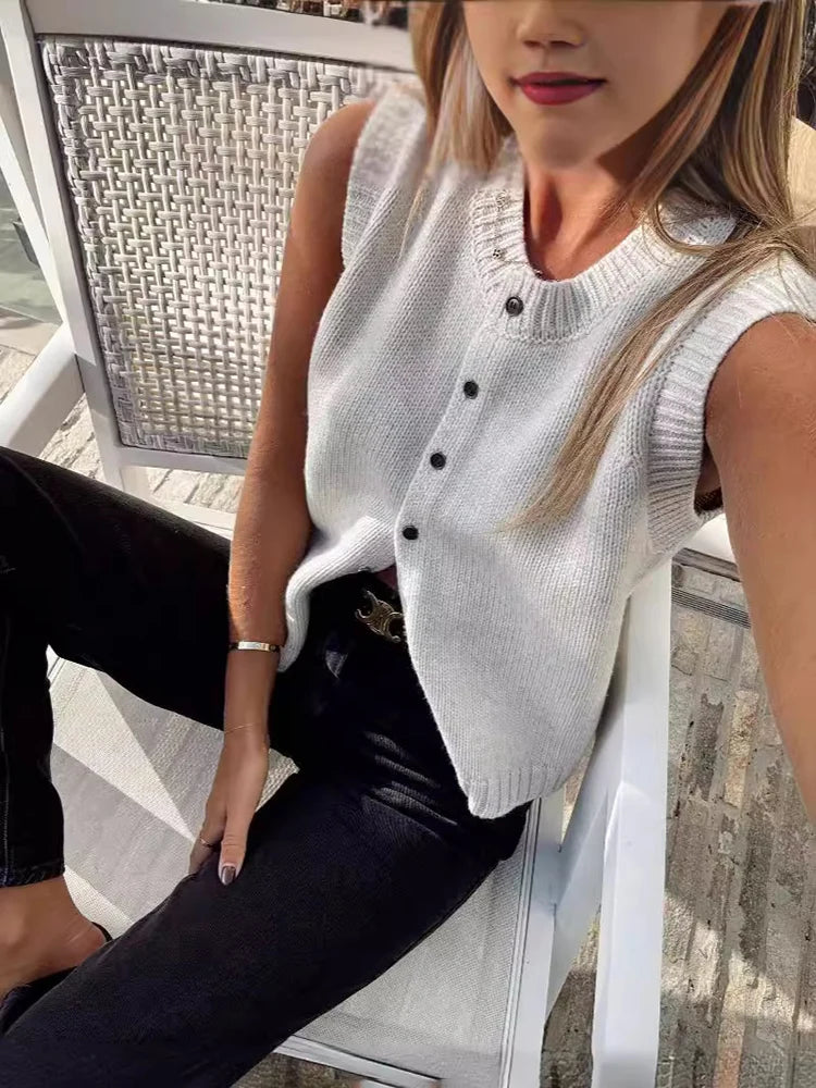 Realmefit Knitted Vests Top For Women Casual Single-Breasted Knitwear Cardigan Tank Sweater Female Solid Sleeveless  Fashion