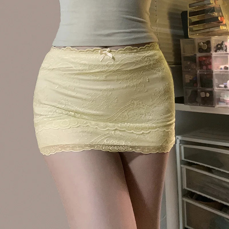 REALMEFIT  -  Bow Lace Double-layer Yellow Skirt Kawaii Low-rise Tight Mini Skirts Coquette Clothes Aesthetic Y2k 2000s P84-BA10