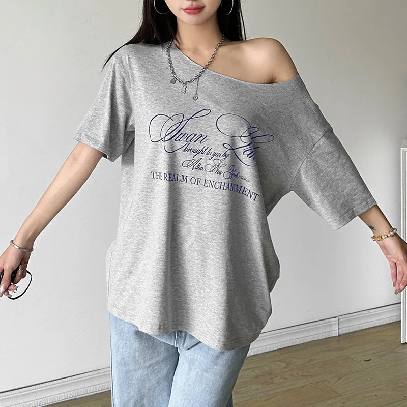 REALMEFIT  -  Letter Print Graphic T Shirts White Oversized One Shoulder Tops Womens Summer Fashion Clothing Trends