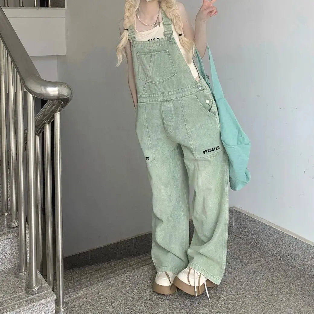 Realmefit Chic Light Green Dnim Pants for Women Overalls Spring Autumn High Waist Straight Loose Jeans Female Jumpsuit Streetwear