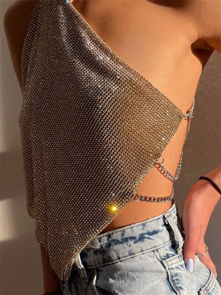 Realmefit   Glitter Backless Sexy Tank Top Female Patchwork Fashion Off-Shoulder Sequin Club Party Looks Women's Y2k Top Sparkle Vest