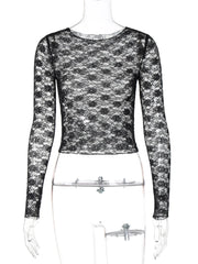 REALMEFIT  -  Mesh Floral Print O Neck Long Sleeve See Through Sexy Slim Crop T-Shirt Top 2024 Spring Fashion Outfits Party Nightclub