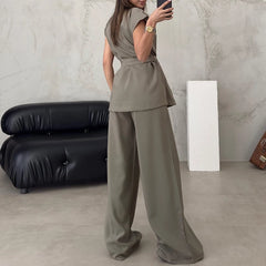 REALMEFIT  -  Lady Lapel Lace Up Vest Top + Straight Pants Set Office Elegant Solid Color High Waist Suit 2024 Summer Streetwear Loose Outfit