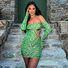 REALMEFIT  -  Green Printed Cut Out Assymetrical Dress Sexy Off Shoulder Long Sleeve Short Dresses for Women Spring 2024 C85-BF17