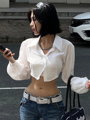 Realmefit  Harajuku White T-shirts Women Blouse Autumn Long Sleeve Hollow Out Turn-down Collar Blouse Shirt High Street Y2K Tops Tee