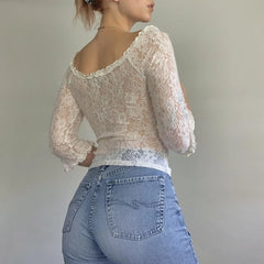 Realmefit   Fairy Coquette Floral Lace T-shirt Low Cut Front Tie Up White Tees Chic Women Vintage Y2K Milkmaid Crop Tops Clothes