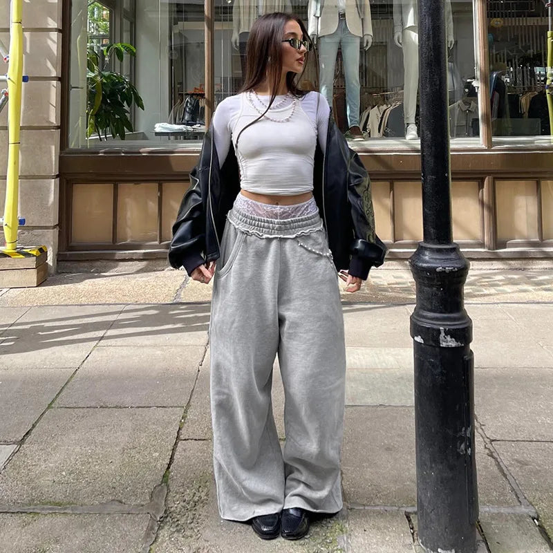 REALMEFIT  -  Baggy Y2k Grey Sweatpants Woman Casual Vintage Streetwear Wide Leg Pants Sports High Waist Floor Length Basic Trousers