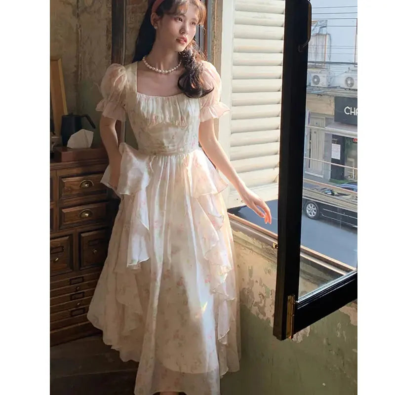 REALMEFIT  -  Fruitful Fashion Dress to Impress Retro Floral Print Dress Women Chic Square Collar Princess Style Midi Dress Female Puff Sleeve Korea Elegant Fairy Dress Vestido