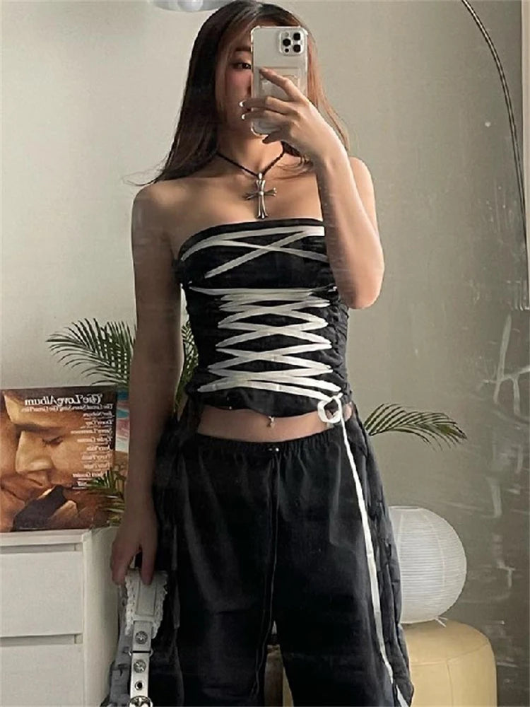 Realmefit Bandage For Women Slim Tube Top Fashion Patchwork Cute Y2k Crop top Backless Lace-Up Slim Short Vest Camisole  New