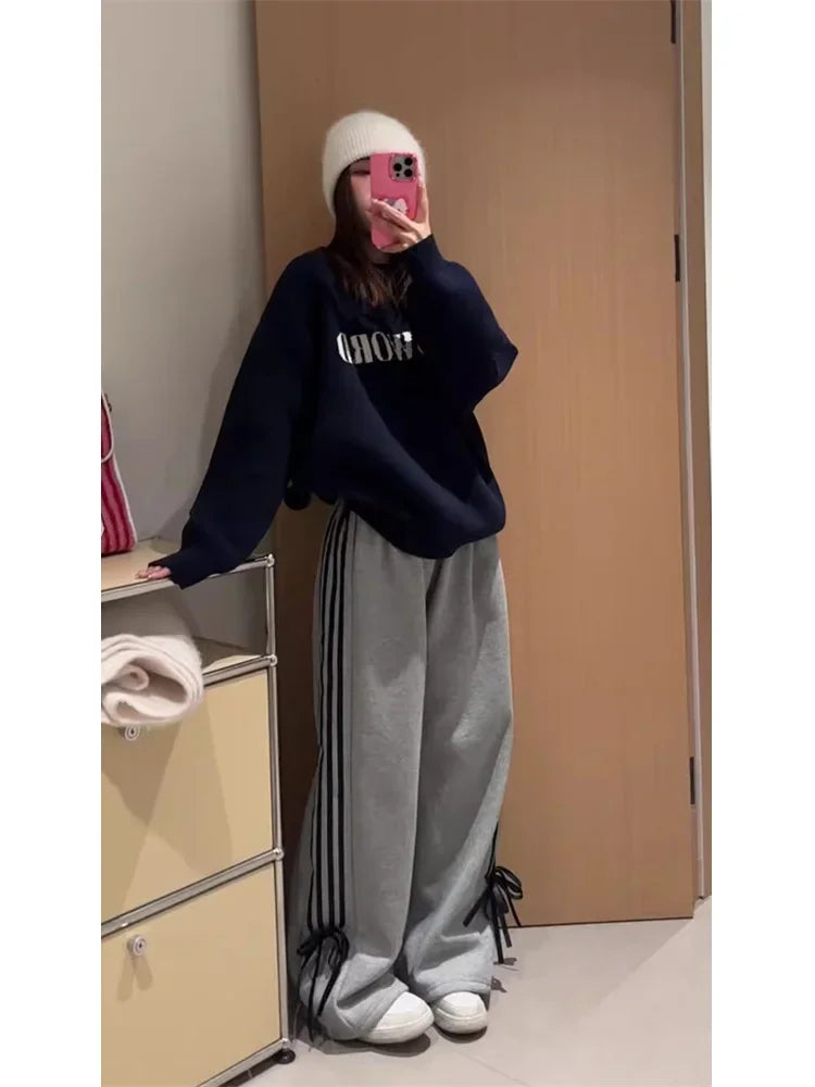 Realmefit  Y2K Fleece Sweatpants with Bow Women Korean Style Winter Ribbon Brushed Pants Oversize Harajuku Striped Jogger Trousers