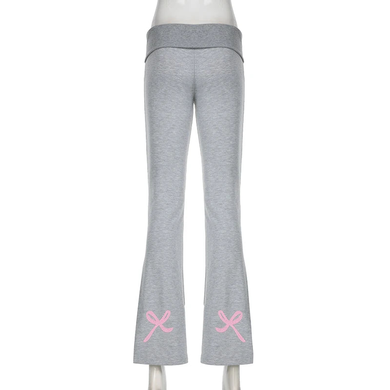 REALMEFIT  -   Embroidery Bow Knitted Flare Pants Women Casual Grey Slim Fit Sweatpants Concise All-match Trousers Sporty Sweet Bottom