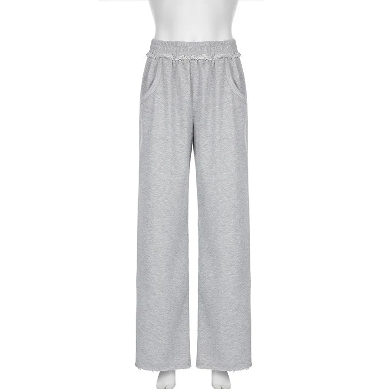 REALMEFIT  -  Baggy Y2k Grey Sweatpants Woman Casual Vintage Streetwear Wide Leg Pants Sports High Waist Floor Length Basic Trousers