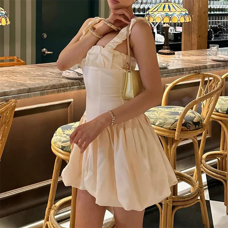 Realmefit   Satin Suspender Mini Dress For Women Ball Gown Splice Sexy Sleeveless Ruched Solid Summer New Princess Party Dress Female