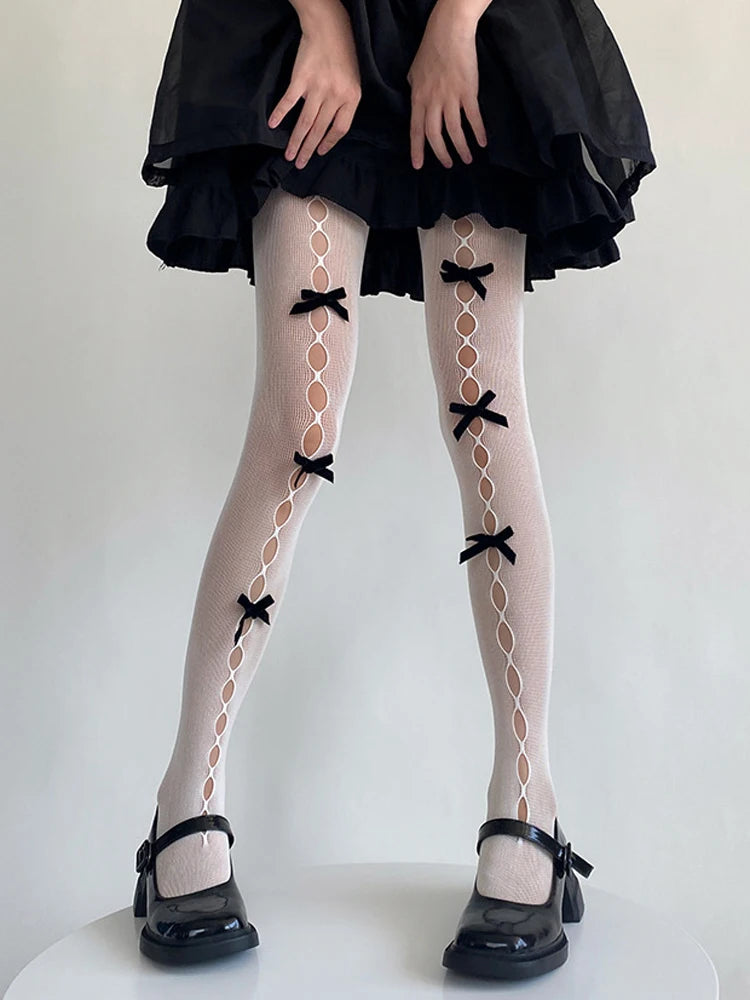 Realmefit   Hollow Out Bow Pantyhose Tights For Women Cute Sexy Skinny Stockings Summer Party Looks Clothes Patchwork Female Leggings