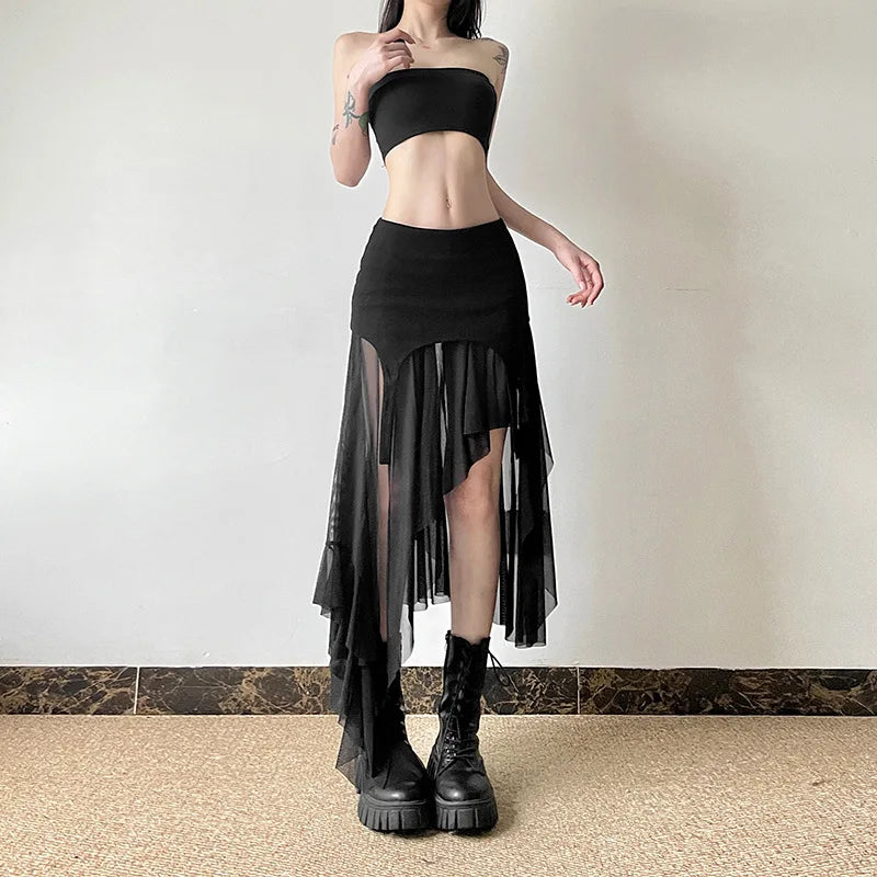 REALMEFIT  -  Sexy Transparent Mesh Patchwork Irregular A Line Black Khaki Skirt Y2k Women Bottom Festival High Waist Long Skirts