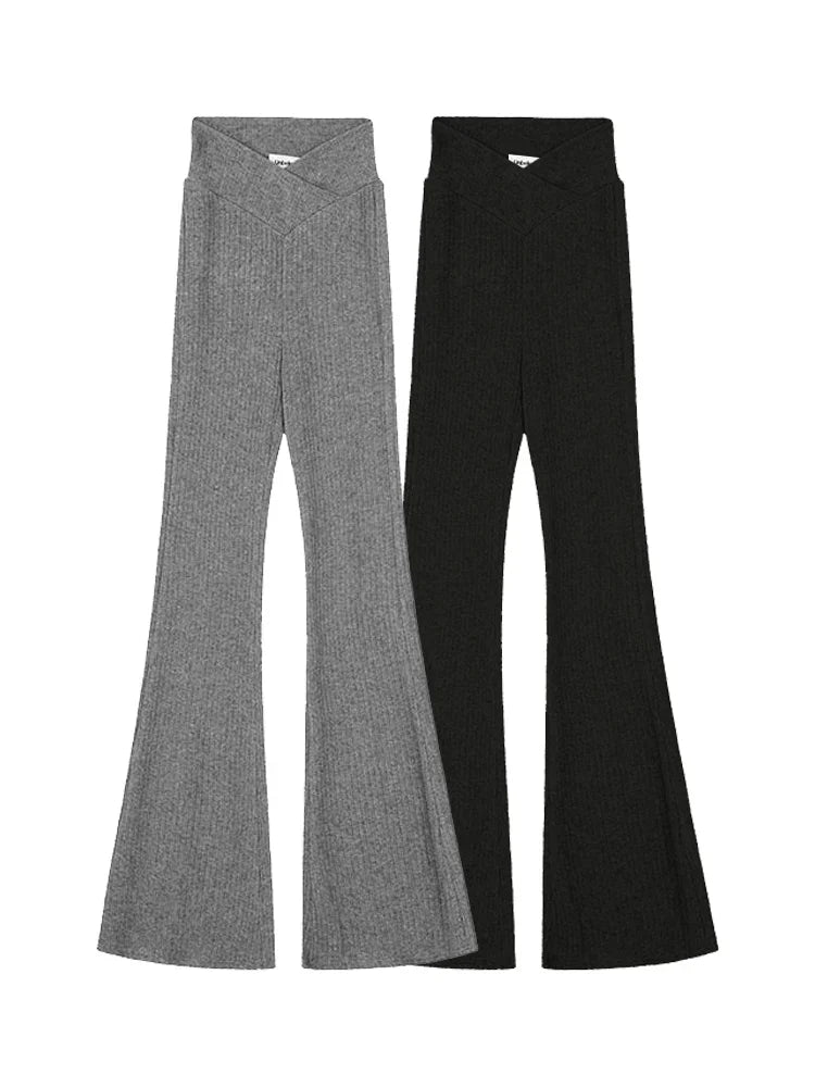 Realmefit   Y2K Knitted Flare Pants Women Harajuku Retro Slim Basic Gray Flared Leggings Vintage Streetwear Black Jogger Sweatpants