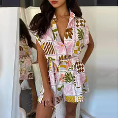 REALMEFIT  -  New Summer Women's Lapel Short Sleeved Loose Jumpsuit Elegant Button Beach Playsuit Casual Floral Print High Waist Shirt Romper