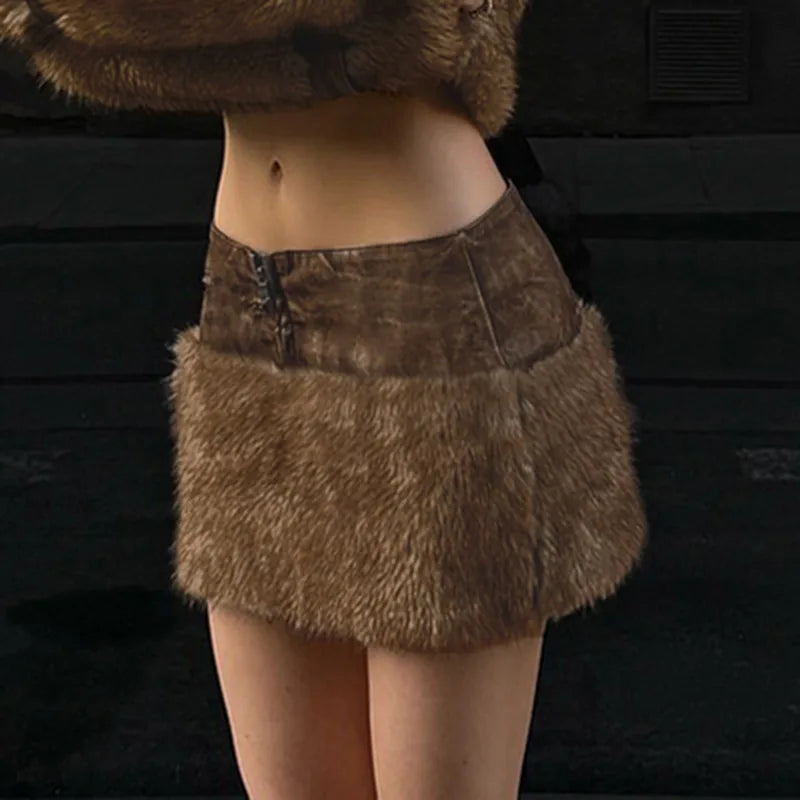 REALMEFIT  -  Brown Low Waist Mini Skirts Autumn Winter Fashion Furry Faux Fur Patchwork Faux Leather Skirt Women P67-CG16