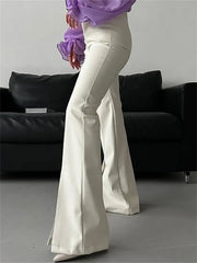 Realmefit    New PU Leather Spilt Out Flared Pants Casual White Slim High Waist Trousers Wide Leg Pants For Women Spring