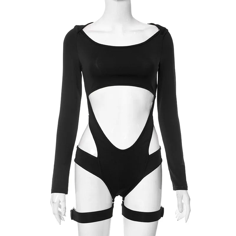 REALMEFIT  -  Zip Turtleneck Buckle Cutout Bodysuit Long Sleeve Romper Sexy Club Outfits Black Jumpsuit for Women Techwear P85-DD23