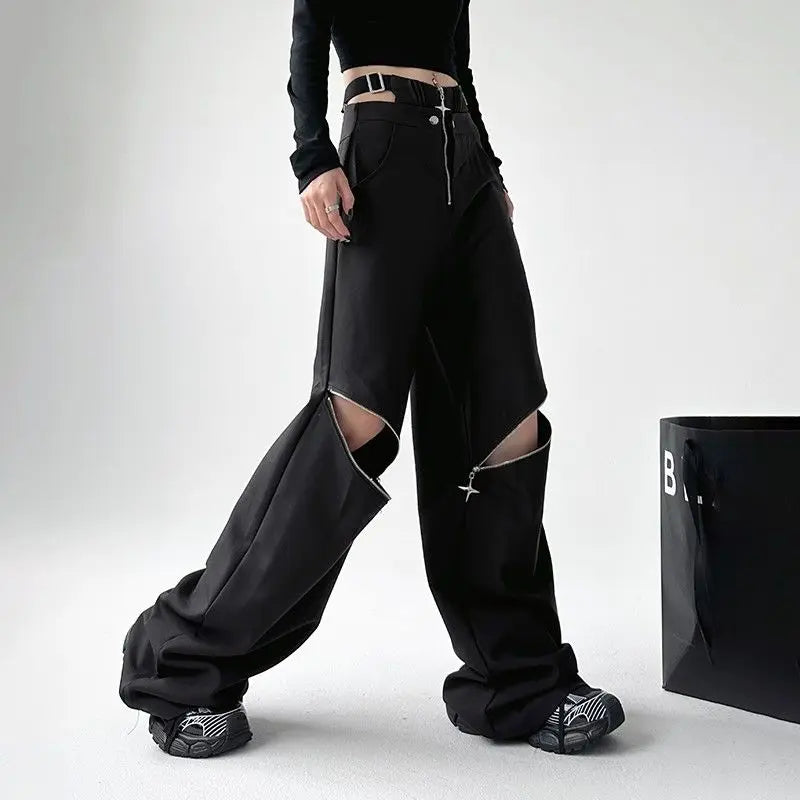 Realmefit   Oversize Cargo Pants Women Japanese Y2k Hollow Out Waist Zipper Black Trousers Gothic Harajuku Wide Leg Pants Streetwear