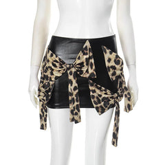 REALMEFIT  -  Leopard Print Bows Faux Leather Skirt Sexy Clothes for Women High Waisted Mini Skirts