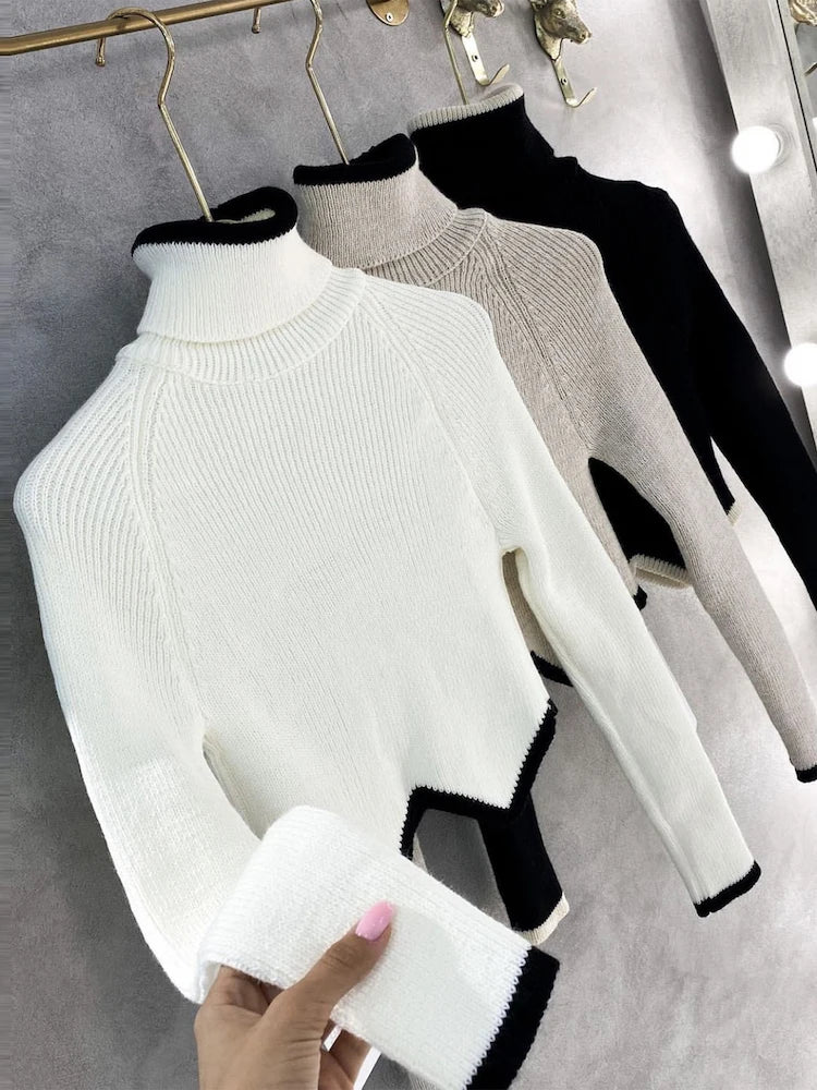 Realmefit   Cropped Turtleneck Sweaters For Women Knit Long Sleeve Slim Pullover New Patchwork Knitwear Crop Sweater Jumper