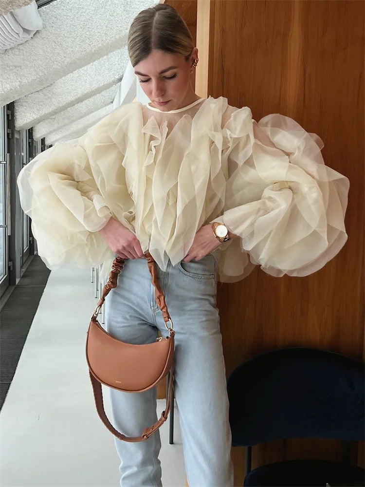 Realmefit  Patchwork Ruffled White Shirts Fashion Elegant For Women High Waist Long Sleeve Casual Streetwear Ladies Blouse Top