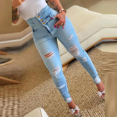 REALMEFIT  -  Casual Pockets Tight Ripped Pants Elegant Women's Commuting Hole Jeans New Autumn Fashion High Waist Button Slim Fit Long Pants