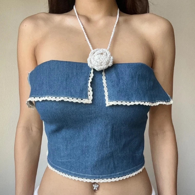 OKLULU  -  Korean Fashion Knitted Halter Camis Tank Tops Summer Slim Fit Flip Collar Crop Tops 2024 Casual High Street Sexy Vest