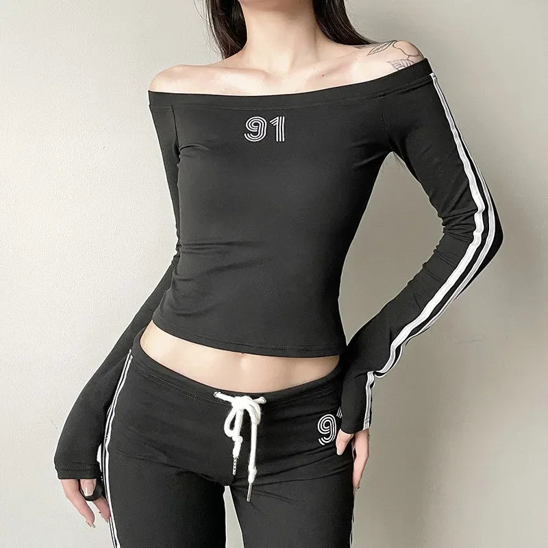 REALMEFIT  -  Y2k Off Shoulder T Shirt Women American Streetwear Long Sleeve 09 Print Striped Black Graphic T Shirts Sports Crop Top