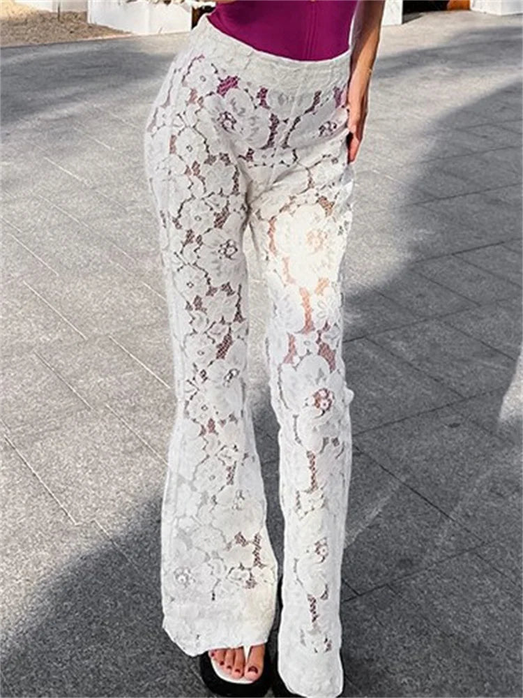 Realmefit   White Printed High Waist Straight Legg Women Patchwork Hollow Out Fashion See-Through Lace Women's Pants Summer Clothes