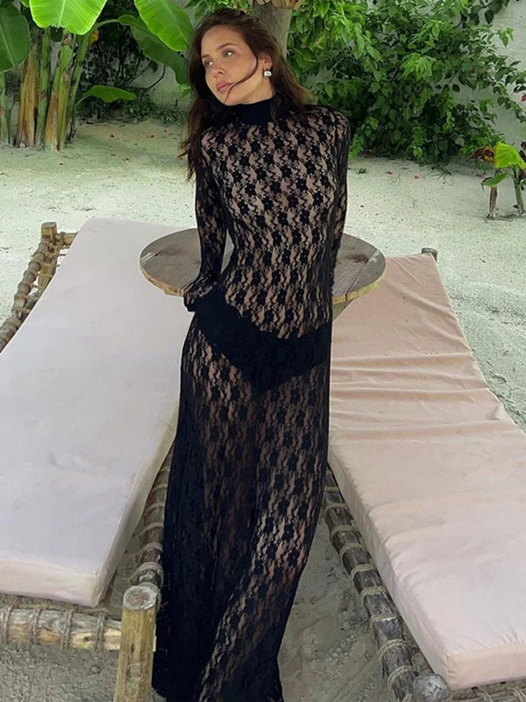 Realmefit   See-through Mesh Tight Maxi Dress Sexy Hollow Out Lace Mesh Patchwork Women Fashion Full Sleeve Banquent Long Dress